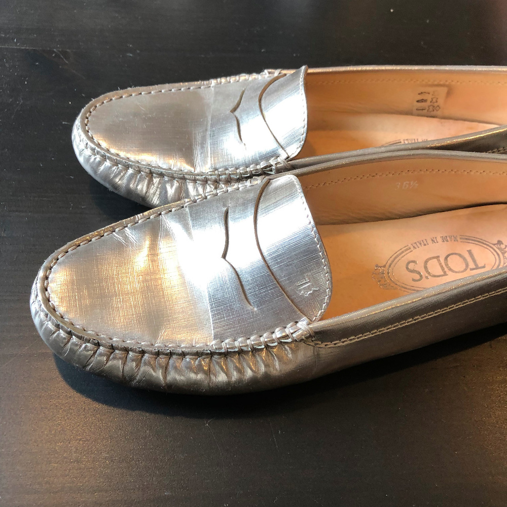 Tod's Metallic Silver Leather Penny Loafers - Picture 3 of 8